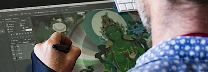 Painter and digital Thangka artist Jampay Dorje aims to bring “Thangka painting into a modern era” with spectacular art, lessons for students, and a life-long project to illustrate all of the 11 Yogas of Naropa