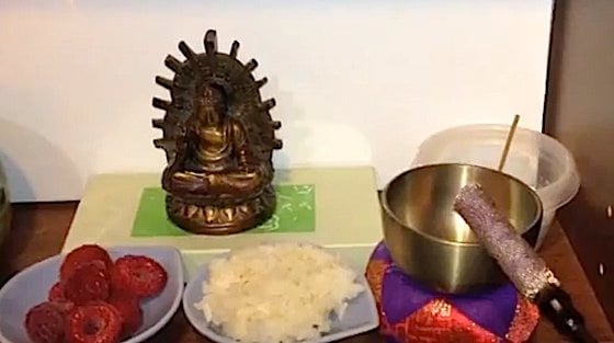 A very simple shrine can be temporarily or permanently set up on a table or shelf for daily practice. The important thing is not to make excuses for not practicing, but to just do it, regardless of access to shrines, teachers, and sangha.