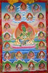 A 21 Tara tankha. Tankas such as this appear in most temples in Tibet and in many other Buddhist Temples around the world.