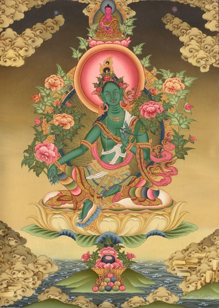 Green Tara on a lotus with Amitabha on her crown.