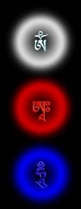 Om Ah Hung in Tibetan script. We visualize these glowing syllables radiating from the crown (Om), Throat (Ah), and Heart (Hum) in white, red and blue.