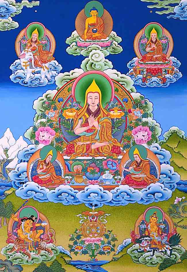 Beautiful Tangkha of Lam Tsongkhapa, the founder of the Gelug school of Tibetan Buddhism, who is considered to be an Enlightened Buddha.