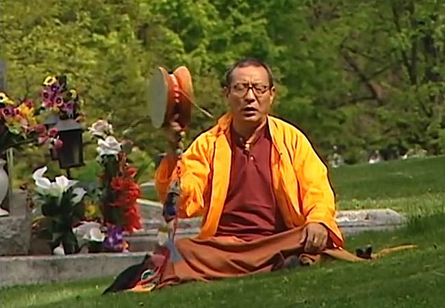 Visualization meditation can be enhanced by a feeling of place. Even though the visualization is projected mentally, meditating in special places can enhance the feeling of extraordinary. Here, Venerable Zasep Tulku Rinpoche performs a Chod ritual and visualization in a cemetery. The special place, the sound of sacred drums, and the very special guided visualization empowers the meditation beyond the "ordinary."