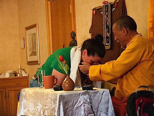 Zasep Tulku Rinpoche with a student at a Mahamudra event in Owen Sound, hosted by Mindfulness of Grey Bruce.