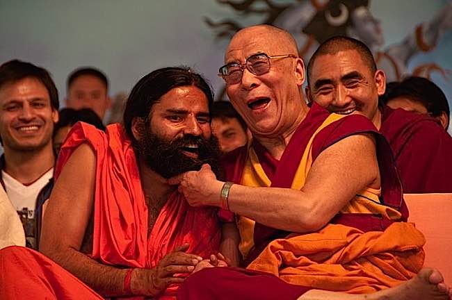 The Dalai Lama demonstrates happiness in his many public appearances. Photos of the Dalai Lama often feature him laughing.