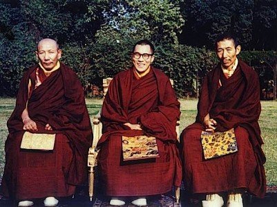 An early 1956 photo of the H.H. Dalai Lama (centre) H.H. Trijang Rinpoche (left) and H.H. Zong Rinpoche (right) .