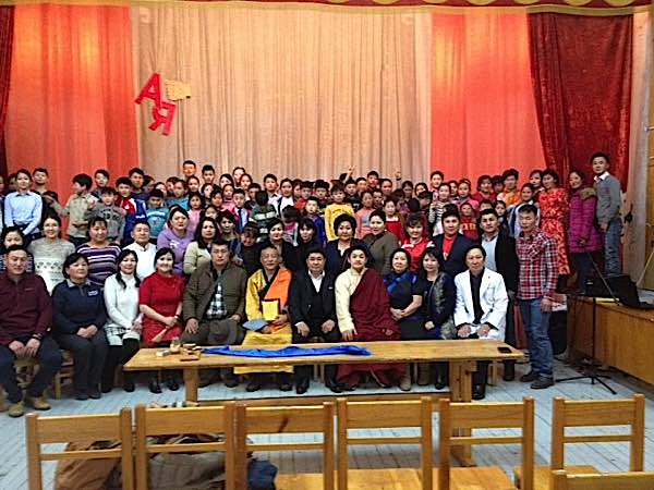 Rinpoche with the students of Ulaan Baatar School for the Disabled in Mongolia. Prior to this photo, the students performed.