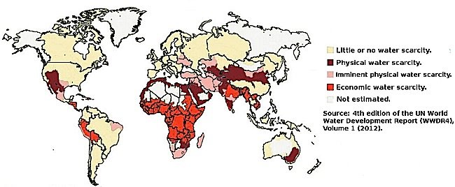 Indicated on map are areas of the world with not enough water for survival. Meat production uses a disproportionate amount of precious water resources and contributes to the pollution of remaining water.