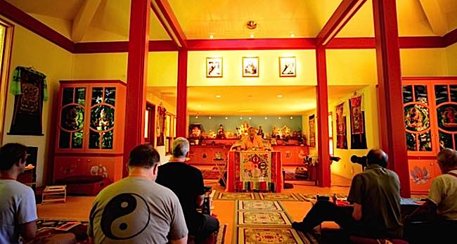 Formal retreats with a teacher can take many forms, such as teaching retreats, mantra retreats and other extensive retreats. Although nothing can replace this experience, some busy lay practitioners can emulate the experience with intensive home retreats. Photo: Retreat at Tashi Choling retreat center, Nelson BC with teacher Zasep Rinpoche.