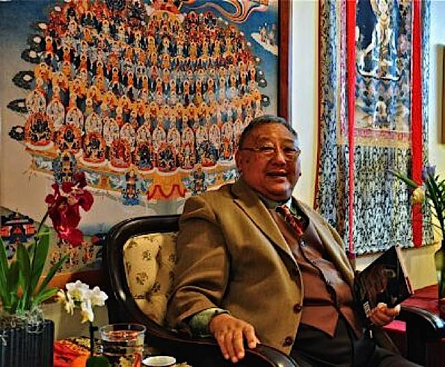 Gelek Rimpoche of Jewel Heart teaching in front of a "Tree of Refuge" tangkha. 