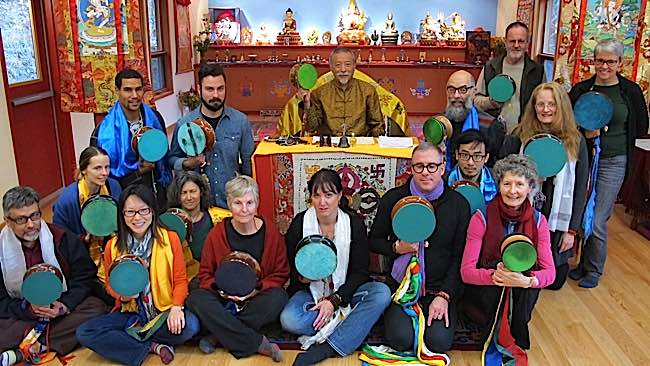 Venerable Zasep Tulku Rinpoche with students after a Chod teaching. "The Chod practice dispels negative mental states, which are our “demons.” The Chod practice transforms mental defilement into the wisdom of Bodhichitta and Shunyata." — from an description of an Chod initiation event and teaching from Zasep Tulku Rinpoche, December 1, 2016 at Gaden Choling in Toronto.