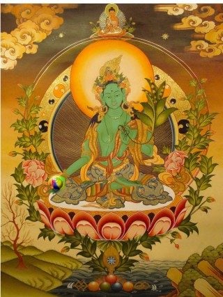 Green Tara on a Lotus with Amitabha on her crown.