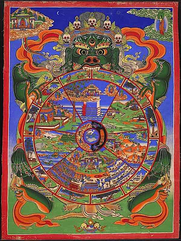 Buddha's 12 links of dependent arising illustrated in Tibetan style