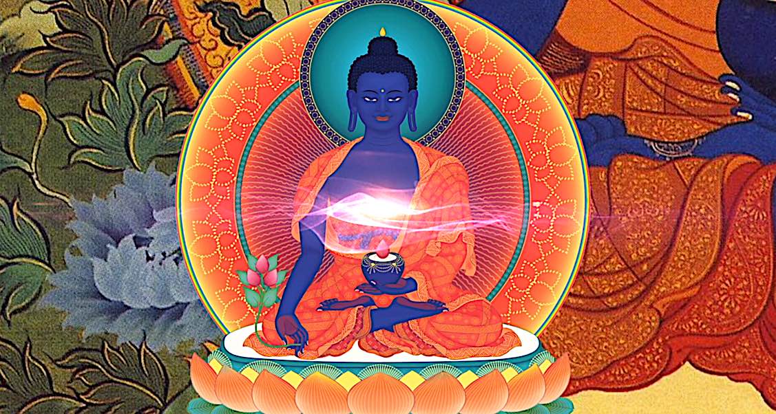 Buddha Weekly Medicine Buddha Sutra tangkha with glow Buddhism