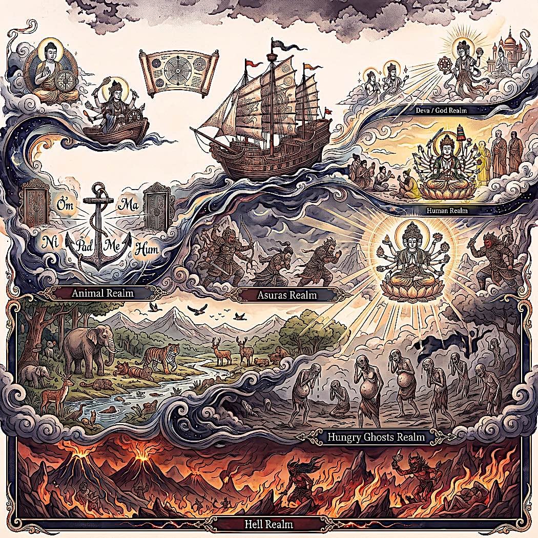6 Avalokitesvara Heroes Overcoming 6 Poisons with 6 Syllables: Om Ma Ni Pad Me Hum: Enlightened Odyssey 3 Map of the Six Realms of Samsara, with the metaphor of the journey of Avalokitesvara to rescue beings in the six suffeirngs of the six worlds