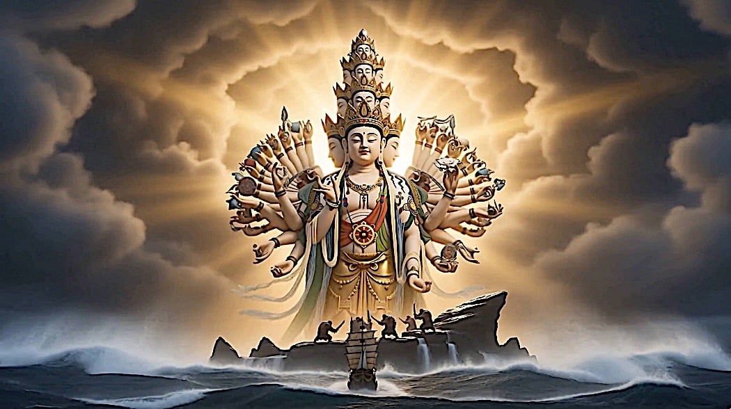 6 Avalokitesvara Heroes Overcoming 6 Poisons with 6 Syllables: Om Ma Ni Pad Me Hum: Enlightened Odyssey 8 11-headed Avaloktesvara towers over the giant Asuras and demigods of Jealousy. From the video 6 Avalokitesvara Heroes Overcoming 6 Poisons withOm Ma Ni Pad Me Hum: Enlightened Odyssey
