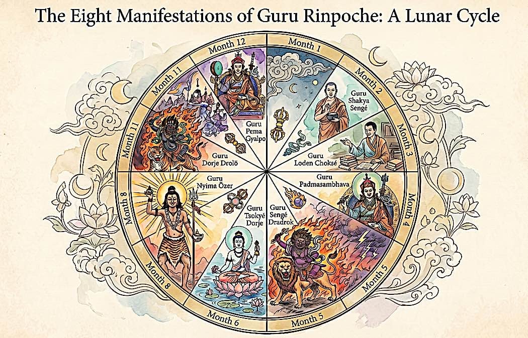 8 Guru Rinpoche Manifestations and Mantras Tibetan & Sanskrit | Padmasambhava’s 10th Day Practices 2 8 Manifestations on the Calendar by monthBuddha Weekly