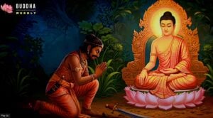 Image showing Angulimala, who, after countless attempts to kill the Buddha, the serial killer of 99 people, Angulimala, falls to his knees and begs to become a student. Scene from our Youtube movie on Sleep Yoga, by Buddha Weekly.