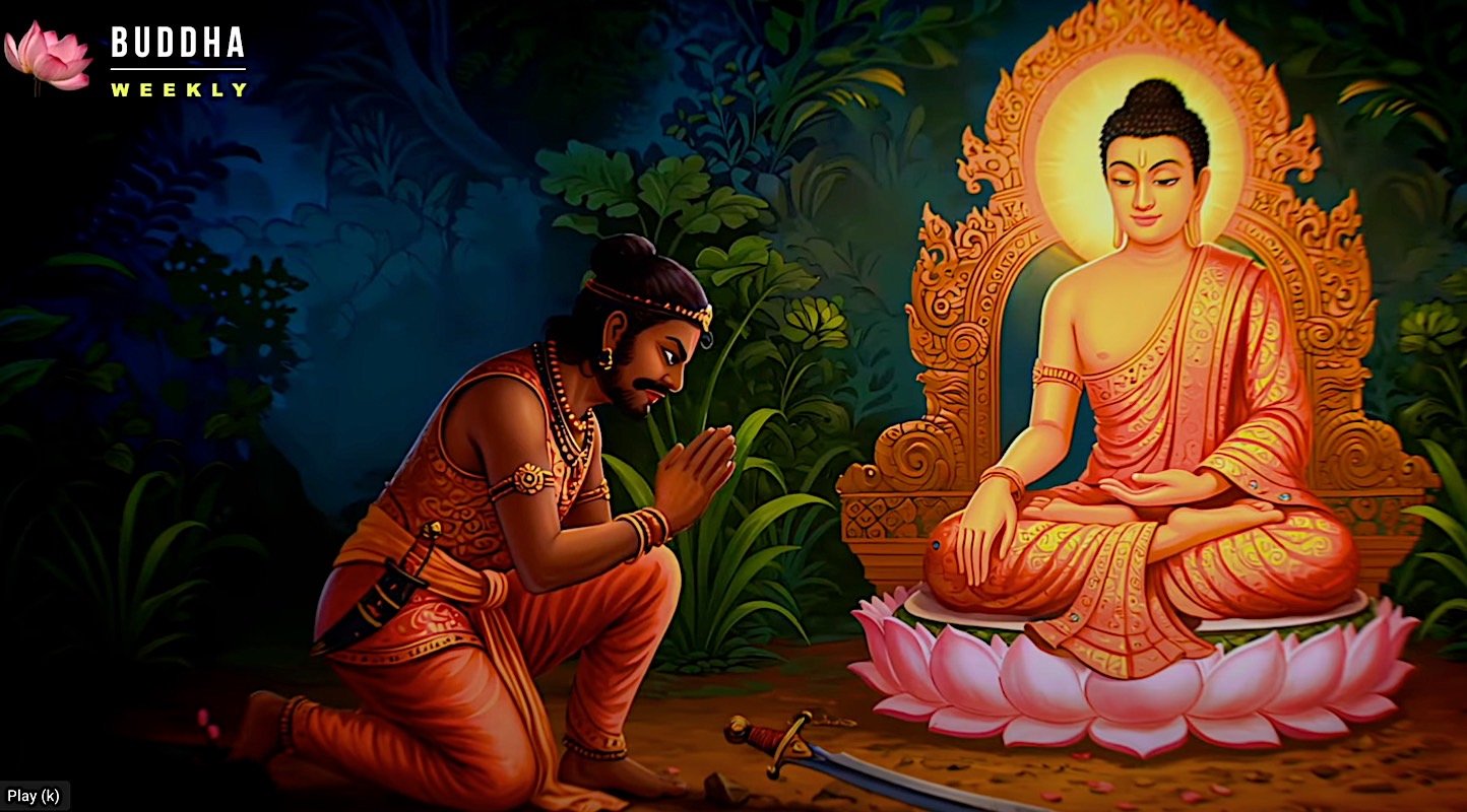 Buddhist Six Session Nidra Sleep Yoga - Concise Protection for Sleeping Mind 5 Image showing Angulimala, who, after countless attempts to kill the Buddha, the serial killer of 99 people, Angulimala, falls to his knees and begs to become a student. Scene from our Youtube movie on Sleep Yoga, by Buddha Weekly.
