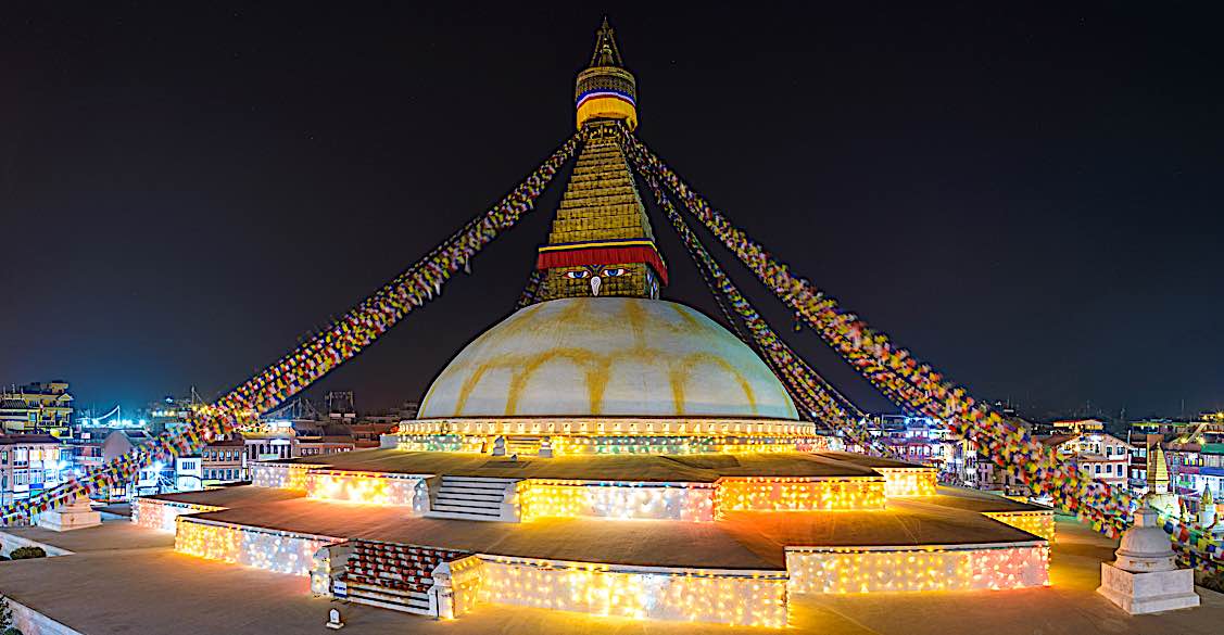 Buddha Weekly Boudhanath stupa lit up for Losar in Kathmandu Buddhism