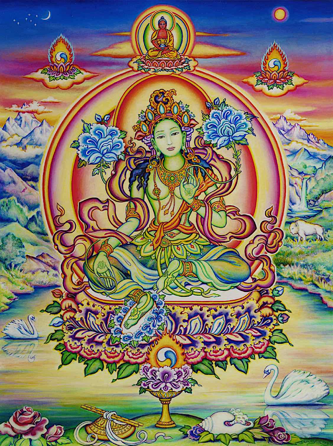 Buddha Weekly Chittamani Tara tangkha with Amitabha Buddha on her head Buddhism