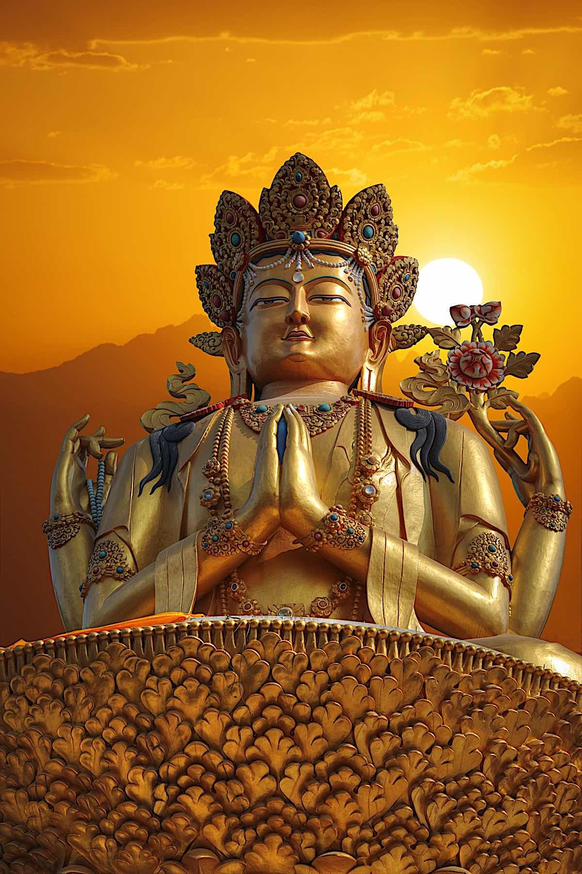 Buddha Weekly Cour Armed Chenrezig Statue stands in Kathmandu Nepal with sunset dreamstime xxl 87955847 Buddhism