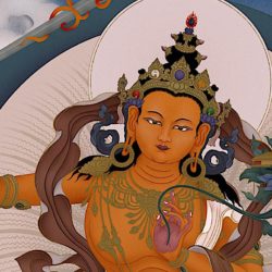 Youthful Manjushri: the beginning and flowering of wisdom; the gentle friend who cuts through ignorance with his flaming sword; Arapachana, the great essence mantra