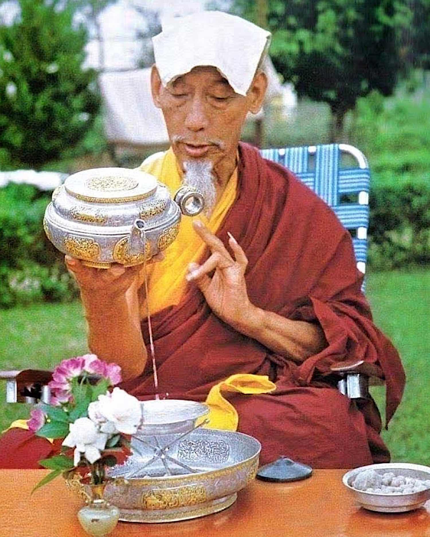 The highly respected Gelug master, Tulku Drakpa Gyaltsen, (1619-1657) — an incarnation of Manjushri and Mahasiddha Virupa — advised that we should all practise the sadhanas of Vajrapani, Hayagriva and King Garuda and make offerings to the Nagas. The Naga offerings are important because our world is suffering through ignorance, greed, politics and lack of respect for the environment. We make offering to the Nagas to help to heal our water systems which are contaminated; we all suffer from long droughts, abnormal rainfall, and a shortage of good water. There are all kinds of climate problems and the world weather patterns are changing rapidly. Who are the Nagas? According to Sutras and Shastras Nagas are classified as beings of the animal realm. For most Nagas, the upper half of the body is human and the lower half is like a serpent or fish. They have beautiful human faces and wear jewelled crowns and beautiful ornaments such as earrings, necklaces and so on. Male Nagas can be powerful and handsome looking and female Nagas are beautiful and attractive. Some N agas possess great powers , similar to the gods. The Naga realm is said to be under the oceans and seas. As well, Nagas can live in lakes, rivers springs, creeks, or marshland. Nagas also reside in trees called Naga trees. According to the famous Tibetan scholar, Dungkar Losang Thinley Rinpoche’s encyclopedia, most of the Nagas are wealthy. They wear most expensive jewels and ornaments and silk scarves; they have a good life. The Nagas are divided into different classes and have various kings and queens and chieftains. There are eight great Nagas: Blue Thaye sits in the east; Red Jokpo sits in the south; Green Tob Gyu sits in the West; multi-coloured Rigden sits in the north; Norgye sits in the southeast, Pedma sits in the northwest, Dung Kyung sits in the southwest, and Varuna sits in the northeast. Many Nagas are very intelligent and they are able to practise Dharma , some have obtained Dharma realizations. Some of the Naga kings and queens vowed to the Lord Buddha to provide the right causes and conditions of Dharma practice for human beings. They provide the conditions for the preservation of Dharma so that Dharma can flourish. It is difficult to imagine that the Nagas 2 3 are classified as beings of the animal realm considering their intelligence and devotion to Buddha, Dharma and Sangha. When Lord Buddha was practising on the path to enlightenment for six years under the Bodhi tree, the Nagas made snake umbrella hoods above his head to protect him from the sun and rain. According to Mahayana sutras, when Mahayana Buddhist teachings were declining in India due to Karmic circumstances, the Naga Kings took the teachings and texts to Nagaland to save them until the right teachers emerged who could reveal the teachings on earth again. Nagarjuna (c.150–c. 250) was a great Indian Buddhist philosopher who composed and taught six major texts on emptiness (Shunyata) and is traditionally regarded as the founder of the Madhyamika (Middle Way) school, an important tradition of Mahayana Buddhist philosophy. He is considered one of the most important of all Buddhist philosophers. According to tradition, he was born in south India, and then travelled to the land of the Nagas and re- introduced Mahayana teachings to humans on earth. We as human being should support Nagas and help them by protecting the natural environment which is home for human and Nagas; we are all dependent on each other for our survival. If we harm the environment, and cause pollution due to our greed and ignorance, then Nagas will get sick. They may also become angry and while they won’t harm us directly, the harm could come to us because of pollution of water and food sources. It is important we humans respect the environment for the benefit of all beings. My father told me and my brother that if you find copper or gold nuggets while hiking in the mountains, don’t just take them without showing gratitude to the spirits of the earth. You must offer food like grain, as a replacement, and show appreciation to the Zidak mountain spirits and Sadak earth spirits. If you feel you harmed the Nagas then make special offerings called Lu Men, Naga You can obtain Lu Men - Naga medicine from the traditional sources. Torma offerings for the Nagas There are two kinds of Tormas: regular Tormas you place on the altar and the second kind, which are dough balls you can arrange on the table in front of you. The Naga Tormas are made with Tibetan Tsampa (roasted barley flour) 4 with the addition of the three whites: yogurt (curds), milk and butter. Then add the three sweets: honey, sugar, molasses or brown sugar. Do not use any animal flesh or meat products, and don’t use spices such as chilli or garlic. Special Torma dough balls are placed in a small bowl on a tripod placed inside a larger bowl. Fill the bottom of the larger bowl with water. Offer water by pouring it onto the dough balls in the small bowl. The overflow will remain in the large bowl. (See the photo of Kyabje Zong Rinpoche making dough ball Torma offerings with water on Page 1.) Requirements for the Naga Puja offering Torma offering and dough balls made with pure water, three whites and three sweets, as explained above. A tripod on which is placed a plate or a small bowl. A pitcher to fill the water bowls. Two sets of seven offering bowls for the altar. Action vase - Bumpha - with saffron water consecrated previously Five-coloured cloth of silk or cotton as a decoration Tingsha (small cymbals) for the music offering Preparations for Naga Puja Firstly, we practise the sadhana of Avalokiteshvara, guardian and patron Buddha of the six realms, the most compassionate Buddha. Torma Offering to the Nagas - Lutor By First Panchen Lama Translated and adapted by Zasep Tulku Losang Tenzin Gyatsen Namo Guru Avalokiteshvara Offerings to Avalokiteshvara should be placed on the altar, Torma and two sets of seven bowls, cakes, fruits and flowers, incense and so on. Special Torma offering for the Nagas should include two sets of offering bowls, and offerings such as three whites (curds, milk, butter) and three sweets (molasses, honey and sugar ) five different colours of silk, jewel, grains, medicine for the Nagas inside a tray, set up on a nice altar. Preparatory Practice: Sadhana of Avalokiteshvara Taking Refuge and generating Bodhichitta I take refuge in the Buddhas, the Dharma and the Supreme Sangha, Until I attain Enlightenment. By the merit I accumulate from practising generosity and the other perfections, May I attain Buddhahood in order to benefit all beings. The Four Immeasurable Attitudes May all beings have happiness and its causes May all beings be free from suffering and its causes May all beings never be separated from the joy transcending sorrow May all beings dwell in equal love for those both close and distant. [x3] Now confirm the Emptiness of all phenomena in and beyond cyclic existence by means of the following mantra: OM SVABHAVA SUDDHA SARVA DHARMA SVABHAVA SHUDDHO HAM Everything becomes empty. Self-generation as Avalokiteshvara 5 Within the sphere of Emptiness appears the letter PAM. It transforms into a white lotus upon which is the letter AH. AH becomes a moon-disc. At its centre is my own mind in the form of a white letter HRIH. HRIH emits light-rays, which work for the benefit of living beings, transforming them to the state of Arya Bodhisattvas. The light-rays return into the letter HRIH. The HRIH transforms, and I arise from it as the Arya Avalokiteshvara. I have a snow-white body, one face and four arms. My front pair of hands is clasped together at my heart. My second right hand holds a crystal jewel mala of one hundred and eight beads. My second left hand holds a lotus which blooms beside my left ear. I sit in full lotus posture. I am adorned with eight precious ornaments on my head, ears, throat, hands, and feet. I wear silk garments and have an entrancing, serene smile. A white OM syllable marks the crown of my head, a red AH my throat, and a blue HUM my heart. Also a white HRIH syllable sits at the centre of a moon-disc in my heart. DZA HUM BAM HOH Inviting and Absorbing the Wisdom Beings into Oneself The HRIH radiates lights, inviting the mighty Arya Avalokiteshvara and his retinue of Buddhas and Bodhisattvas from their southerly abode. They absorb into me and thus we become one. DZA HUM BAM HOH Requesting and Receiving Empowerment Again lights go forth from the HRIH at my heart, inviting the Empowering Deities. I request them: ‘Please grant me empowerment’. Thus requested, they raise aloft vases of wisdom nectar. Saying OM SARVA TATHAGATA ABHISHEKATA SAMAYA SHRIYE AH HUM They initiate me with their nectars. The nectar fills my body, purifying all my defilements. The excess nectar overflowing on the crown of my head transforms into Amitabha Buddha, who becomes my crown ornament. Now make outer offerings to oneself as Avalokiteshvara which clears interferences, purifies, and invokes blessings: 6 Presenting Outer Offerings to Oneself as Self-generated Avalokiteshvara OM ARYA LOKESHVARA SAPARIVARA ARGHAM PRATICHA HUM SVAHA OM ARYA LOKESHVARA SAPARIVARA PADYAM PRATICHA HUM SVAHA OM ARYA LOKESHVARA SAPARIVARA PUSHPE PRATICHA HUM SVAHA OM ARYA LOKESHVARA SAPARIVARA DHUPE PRATICHA HUM SVAHA OM ARYA LOKESHVARA SAPARIVARA ALOKE PRATICHA HUM SVAHA OM ARYA LOKESHVARA SAPARIVARA GANDHE PRATICHA HUM SVAHA OM ARYA LOKESHVARA SAPARIVARA NAIVIDYE PRATICHA HUM SVAHA OM ARYA LOKESHVARA SAPARIVARA SHABDA PRATICHA HUM SVAHA Praise to Oneself as Avalokiteshvara White in colour, untarnished by faults, Amitabha Buddha embellishing the crown of your head, You look upon living beings with overwhelming compassion, To Chenrezig I humbly bow down. Mantra recitation and meditation OM MANI PADME HUM x108 water for drinking water for washing flowers incense light perfume food music Visualising myself as Avalokiteshvara , at my heart appears a circular white moon-disc, upon which is my own mind in the form of a white HRIH syllable. At the edge of the moon-disc stand the six syllables of the mantra OM MANI PADME HUM. They are resplendently white like the rays of the rising sun. Light comes forth from the mantra syllables, filling my whole body, purifying all my negativities and obscurations. The light-rays then leave through the pores of my body and purify the negativities and obscurations of all living beings. They are transformed into mighty Arya Avaloketishvara. My threefold manner of perception involves seeing all external appearances as rainbow-deity forms of the mighty Arya Avalokiteshvara; all sound is heard as the six syllable mantra; and mind is imbued with essence of method conjoined with wisdom, which is the great compassion focused on all living beings and the wisdom understanding Emptiness, the wisdom which clearly perceives that all phenomena in and beyond cyclic existence lack even a particle of inherent existence and are mere imputations. 7 8 Thus visualising oneself as Avalokiteshvara, melded within this threefold perception, one recites the MANI mantra. From the energy of the practice living beings of the six realms of samsara obtain the Enlightened form of Arya Avalokiteshvara. Moreover, in the manner of a full sesame pod, the entire earth, air, and sky are filled with the form of Avaloketishvara.Their combined chanting of OM MANI PADME HUM releases the sound of the MANI mantra like a crescendo of thunder. Yet just OM, having the threefold aggregate of A-U-M, signifies the three indivisible adamantines of my body, speech, and mind. This mantra is called The Jewel Holder, for a single recitation with such understanding is meritorious. Thus OM begins the mantra. MANI means jewel. PADMA means lotus, whereas PADME denotes supplication. So with my heartfelt entreaty to Avalokiteshvara, the Jewel in the Lotus, I recite the mantra while dwelling on contemplations such as the fusion of the mighty Arya Avalokiteshvara’s qualities within me. Furthermore, the respective six syllables cut off the doorways to rebirth in the six realms of samsara. The six syllables are also the consummation of the six perfections. Thus the MANI mantra, having these and other excellent qualities, is held to be of endless advantage and significance. Moreover the mighty Arya Avalokiteshvara is said to be in general the quintessence of all the Buddhas’ compassion, and in particular, the patron Buddha of Tibet. Therefore one should strive with enthusiasm in the recitation, cultivating Avaloketishvara as a most excellent meditational deity with these special characteristics. The main Sadhana of Naga Torma offerings Blessing the Torma and offerings to the Nagas OM VAJRA AMRITA KUNDALI HANA HANA HUM PHAT OM SVABHAVA SHUDDHA SARVA DHARMA SVABHAVA SHUDDHO HAM . While in the sphere of voidness, from BHRUM syllables arise vast and deep vessels made of precious materials, within which are the eight offerings, the Torma, and all conducive sacred ingredients, along with the syllable OM and a syllable formed by the initial syllables. They all transformed into wisdom nectar. They become medicine that purifies pain and suffering. Also multitudes of wish-fulfilling jewels provide us whatever we wish for —a marvellous secret landscape of palaces. In short whatever sublime 9 enjoyments the Naga Kings and queens and their children and attendants desire. OM SVABHAVA VISHUDDHE DHARMATE VAJRA SIDDHI HUM NAMAH SARVA TATHAGATE BHYOVISHVA MUKSHEBHYAH / SARVA TAD KHAM UDGATE SPHARANAHI MAM GAGANA KHAM SVAHA OM AMRITE HUM PHAT OM AKARO MUKHAM SARVA DHARMAH NAM ADYANUDPANNE HA TA NAMAH SARVA TATHAGATA AVALOKITE OM SAMBHARA SAMBHARA HUM OM RURU SPHURU JVALATIKSHTHA SIDDHI LOCHANI SARVA ARTHAM SADHANI SVAHA OM ARGHAM AH HUM OM VAJRA PUSHPE AH HUM OM VAJRA DHUPE AH HUM OM VAJRA ALOKE AH HUM OM VAJRA GANDHE AH HUM OM VAJRA NAIVIDYA AH HUM OM VAJRA SHAPTA AH HUM Invitation for general guests In the space in front of me, visualize a natural stone made of jewels with a large or small golden coloured caves, below which are Naga palaces and Naga pleasure groves, lakes, ponds, pools, meadows adorned with flowers, springs, wells, waterfalls, flowing water in the lakes, and grassy plains and parks, as well as a jewel palace, everything arranged naturally most beautifully. Inside is the N aga king Varuna, their chief, the eight Great Naga Kings, and Queens, the entire assembly of Nagas and Bumi Putras and Putiris of the earth lords and earth caretakers, along with their retinue. Bless the Tingsha-cymbals by reciting OM PADMO USHNISHA VIMALE HUM PHAT (7x) Then play cymbals three times Now make invocation to the Naga Kings by emanating lights from HRIH syllable for my heart The light rays shine, From your fabulous jewelled hood, Dispelling all the darkness of the underworld; You who delight in the Teaching of Lord Buddha, incomparably powerful ones, Naga kings without exception, come here with your retinue! Actual offerings OM NAGA RAJA SAPARIVARA EH HYE HI SAMAYA JAH JAH / JAH HUM BAM HO / PADMA KAMALA E STVAM NAGA RAJA SAPARIVARA ARGHAM /PADYUM /PUSHPE / DHUPE / ALOKE /GANDHE /NAIVIDYA /SHAPTA) PRATICCHA HUM SVAHA Make the Torma ball and water offering to the Nagas while chanting the following paragraph While I am self generated as Avalokiteshvara, from the palm of my hand, nectar merged with milk flows continuously like a stream transformed into the Torma materials and precious holy substances of various medicines, generated by transcendental wisdom like a great ocean of desirable objects visualized in front of me. The guest Nagas enjoy this. The effect of the healing is tremendous, it renewed limbs, and organs are healed. Pain and suffering are eliminated, and minds experience fulfilment with uncontaminated bliss. Thus while visualizing my self as most compassionate Arya Avalokiteshvara pour the holy water from the vase onto the offering Torma balls inside the bowl with the right hand at the same time snap with the fingers of my left hand once for each mantra recitation. Mantra to bless the Mala OM RUCHI RAMANI PRAVATAYA HUM [x7] 10 Main Mantra !" #$%&%'%()%*+%,%-" OM VASUKI MAM SVAHA [ x 108] You are the lord of the assembly of Nagas Light shines from your jewel hood Bestow the supreme siddhi of everything desirable I bow down to you, Varuna. Ananta and Takshaka (Thaye and Jogpo) Karkotaka and Kulika (Tob kyi gyu and Rigden) Vasuki and Shankhapala (Norgye and Dung Kyung) Padma and Varuni (Pedma and Chu Lha) Nanda and Delight ( Gawo and Nyer Ga wo) Ocean and Great Ocean, Glorious light and Great Radiance, Great Bodied One, good serpent Mahabala, Naga Kings and your retinue, Come here to enjoy this decorated Torma. The offering of the exquisite three whites and The three sweets, a swirling ocean of milk And beautiful jewelled stairs. May this become whichever conducive substance Protects for the suffering of the nagas. Enjoy the offering gifts and Torma, For us practitioners, the benefactor and retinues. All four hundred and twenty four diseases and The diseases of Nagas due to their own Karma Visible poison and touchable poison, Poison caused by bad thoughts and of vapours arising from the mouth, Intentionally caused by humans, and so forth, May all be soon pacified without exception. I offer these treasured substances from us: Cause and condition of all Naga disease to be eliminated, The four-siddhi actions of enlightenment, Increased wealth and prosperity. 11 If you wish to practise this sadhana on a daily basis for the healing of sick people then visualize an ocean-like medicinal nectar arising to cure all the diseases of Nagas and earth lords and earth owners. In this way it will be providing healing modalities for human beings and the Nagas at the same time. May injury of the inner organs, stomach, flesh, and blood Be healed by the King of Medicines, the six fabulous medicines for maintenance of the body (nutmeg, clove cubeb, cardamon, saffron, and bamboo pith). May deteriorated teeth, bones, and tongue Be healed by using cowrie shells and red silk. May our bones’ lustre be restored By magnificent peacock feathers with the eye design, Also five-coloured silks used as part of the ritual, Fruit of Kyema Shosha will purify and Heal disease of heart, kidneys, and lungs. May damage of the limbs and other parts of the body be healed By herbs of Latifolia like Oxalis, Ulmus minor and Vitisvinifera, Powerful hand-claws of fresh water or salt water Crocodile. May impaired arteries, nerves, tendons, and muscles Be healed by using powerful herbs and minerals like The fragrant root of andropogon muricatus, and Medicinal stones such as gray antimony. Incense made with sage and juniper and so on, Polygonum aviculture, Ji-thangka medicinal fruit (effective against worms) The three fruits and assortment of medicines, and Bubbles from the ocean waves, will restore skandhas and dhatus. By the five precious minerals and varieties of grains, Your treasure house will be restored. The three whites (curds, milk, and butter) and the three sweets (molasses, honey and sugar ) will restore bad complexions. In short, may the power of conducive medicinal substances Heal the sickness and sorrow of Naga and earth owners. 12 May their sense faculties be clear and properties increase, And love and compassion fill their minds. May their crops and livestock increase Perfect rain fall annually, and May the essence of fruitful nectars Increase in this troubled world of ours. Then, in order to purify the wrongdoings and obscurations of all the Nagas, recite the following: Mantra of Akshobhya NAMO RATNA TRAYAYA / OM KAMKANI KAMKANI / ROCHANI ROCHANI / TROTANI TROTANI / TRASANI TRASANI / PRATIHANA PRATIHANA / SARVA KARMA PARAM PARA NI ME SARVA SATTVA NANCHA SVAHA [ 7x or more] Offering of Dharma All phenomena arise from a cause, The Tathagata taught those causes. What is it that stops the cause and action: The Great Monk Buddha did explain this. Like stars, distorted vision (of hair), butter lamps Mirages, dew and bubbles Dreams, lightning and clouds: Thus one should see compounded things. Final requests Nagas and owners of the earth, with your entire retinue, Your own bodies as an example, Please do not cause harm for others. The result of beneficial acts toward others is happiness, And the result of harmful actions towards to others is suffering. 13 For example, all pungent seeds produce pungent fruits, And from all sweet seeds, sweet fruit will arise. Likewise, by remembering your Samaya vows, Abandon the mind of anger and wrath, Spread the minds of Metta-Karuna. The objects of experience of the five senses, All desirable, enjoyment, perfection and excellence, Having healed all diseases of Nagas, And liberated from all suffering, May we able to see the holy face of Vajrapani, And with the healing power of the Garuda, May we be liberated and released from the lower realms, And achieve the longevity of Vajrasattva . Say the Garuda Mantra (while doing the Garuda Mudra) SARVA NAGA RAJA SAPARIVARA GATSSHA Mantra and Requests Purifying Mistakes and Omissions OM PADMASATTVA, SAMAYA MANU-PALAYA. PADMASATTVA TVENO- PATISHTA, DRID-HO ME BHAVA, SUTO-SHYO ME BHAVA, SUPO-SHYO ME BHAVA, ANURAKTO ME BHAVA, SARVA SIDDHI ME PRA-YACCHA, SARVA KARMA SUCCHA ME CHITTAM SHRI-YAM KURU HUM, HA HA HA HA HOH, BHAGAVAN SARVA TATHAGATA PADMA, MA ME MUNCHA, PADMA BHAVA, MAHA-SAMAYA-SATTVA AH HUM PHAT. Whichever aspects of this practice I have neither carried out Nor completed because of my ignorant mind, I request your forgiveness. Please help me and all sentient beings To cultivate the supreme realizations And experience the results of all contemplations. Request the departure of the Nagas to their own Abodes OM VAJRA MU 14 The Naga kings and their retinue return to their natural abode in the Naga realms. Dissolution The entire visualized universe and its inhabitants, who are in the form of Arya Avalokiteshvara, dissolve into me. I dissolve into the HRIH at my heart. HRIH dissolves into HA. This vanishes like a rainbow vanishing in the sky. Contemplate this with conviction Once more, within the sphere of Emptiness, I instantly arise in the form of Arya Avalokiteshvara , possessing the threefold attitude described, and at once engage in extensive deeds to benefit others. Dedication of merit May I develop the peerless Bodhichitta mind which is latent within me, and May that which I have already generated go from strength to strength. May I enjoy success, both spiritual and otherwise. and Never parted from my perfect Guru in all of my lives, By comprehensively amassing the qualities of the paths and levels, May I attain speedily the state of Arya Avalokiteshvara. Verses of Auspiciousness May the heavens and earth be filled With hosts of Noble Goddesses reciting benedictions, And flowers raining through the skies, As oceans of auspicious signs fill all three worlds. Through the presence of the countless Dakas and Dakinis, And the assembly of the Sangha community, The holders of this tradition of practice, May all virtues and goodness reign, Let all be auspicious. 15 Final dedication from Zasep Tulku Rinpoche I dedicate the composition of this Sadhana of Avalokiteshvara and my translation of First Panchen Lama Losang Chokyi Gyaltsen’s beautiful Naga Puja text, for the eight Kings of Nagas and their attendants, to repay his great kindness. I dedicate the merit and virtues I have obtained from being able to compile and make adaptations of this text, for the preservation of pure water system, oceans, lakes and rivers: May they always remain pure, and provide the source of goodness, for the benefit of all sentient beings. Love and Blessings for all Nagas Zasep Tulku Rinpoche July, 2021 (Thank you to Amanda Buckley for editing this beautiful sadhana)