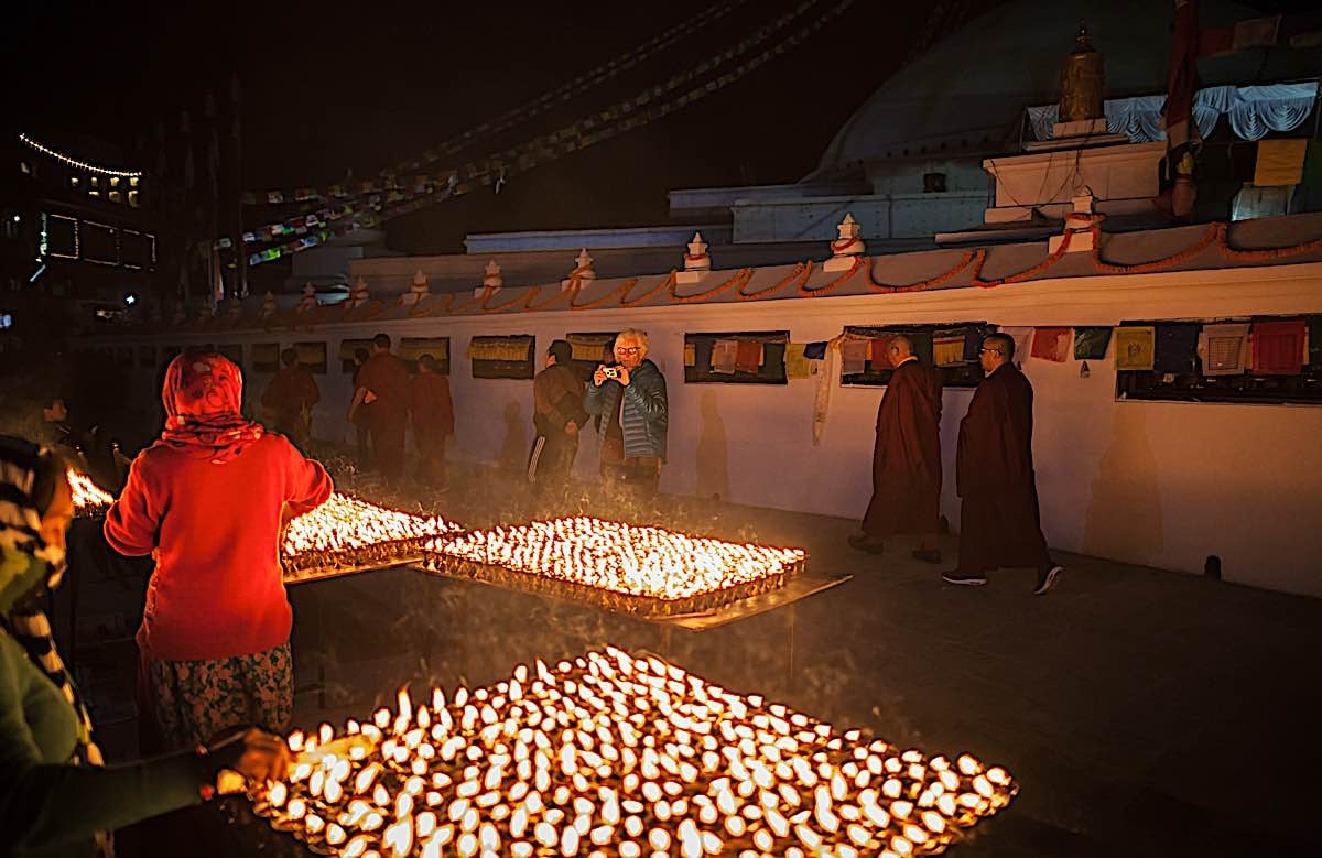 Buddha Weekly Lamps lit at Boudnath Stupa Kathmandu Nepal Buddhism