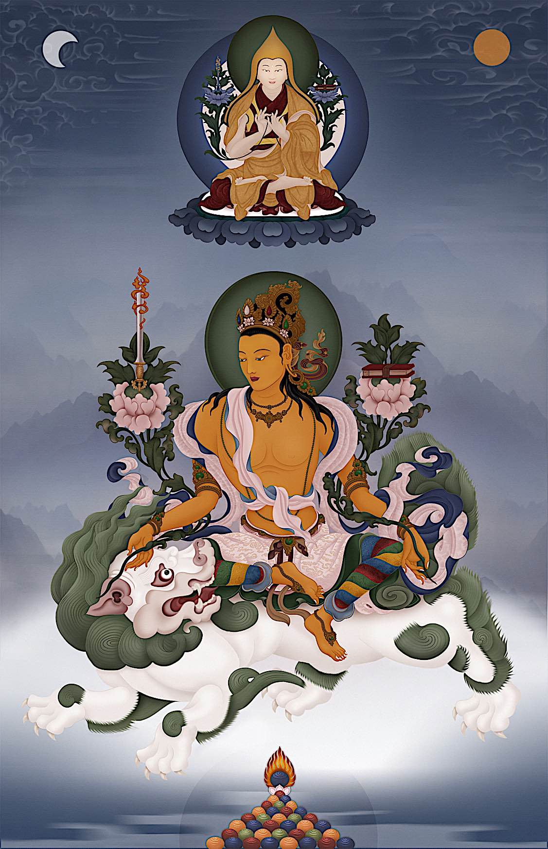 Buddha Weekly Manjushri on a snow lion with sword of wisdom Buddhism