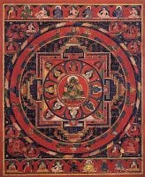 Buddha Weekly Merit field mandala antique painting with Tara Amoghasiddhi in the center and 17 deities plus various entourage Buddhism