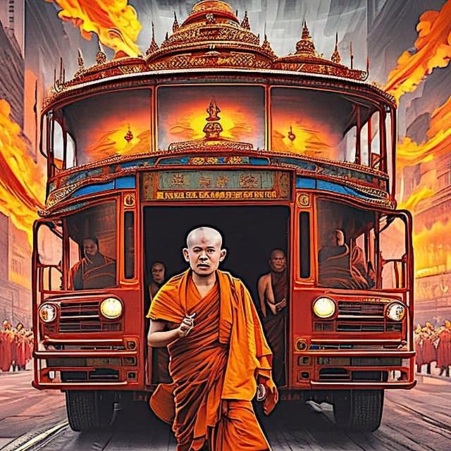 Buddha Weekly Monk walking in front of a great bus full of monks and people fleeing a burning city Buddhism