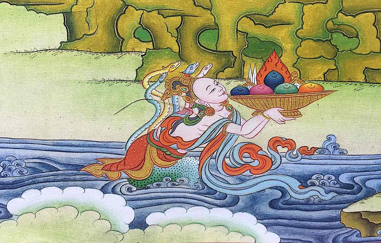 Naga rising from the waters receiving offerings.