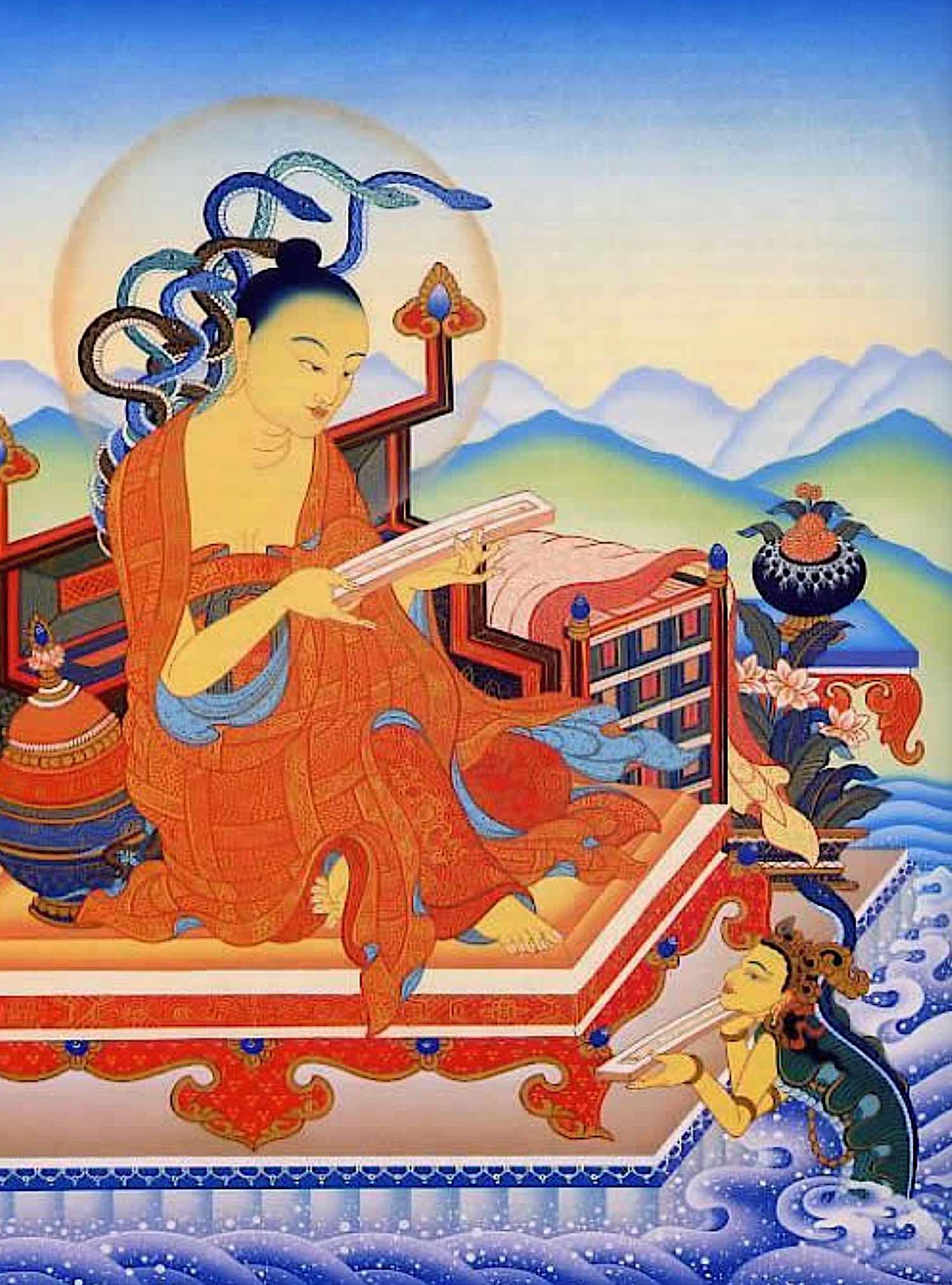 The sage Nagarjuna receiving sutras and Holy texts from the Naga King Varuna.