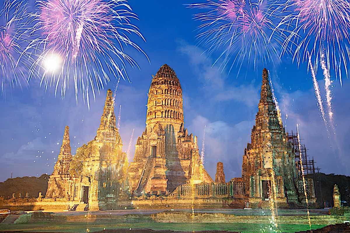 Buddha Weekly New Year Celebrating the New Year in Thailand with fireworks at Wat Chai Watthanaram Buddhist temple Thailand Buddhism