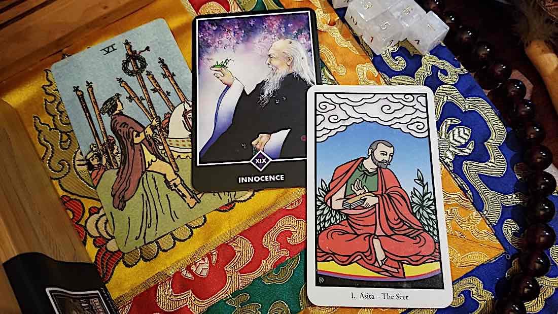 Buddha Weekly Rider Waite Buddha Tarot by Robert Place showing Atisha and Osho Zen Tarot Buddhism