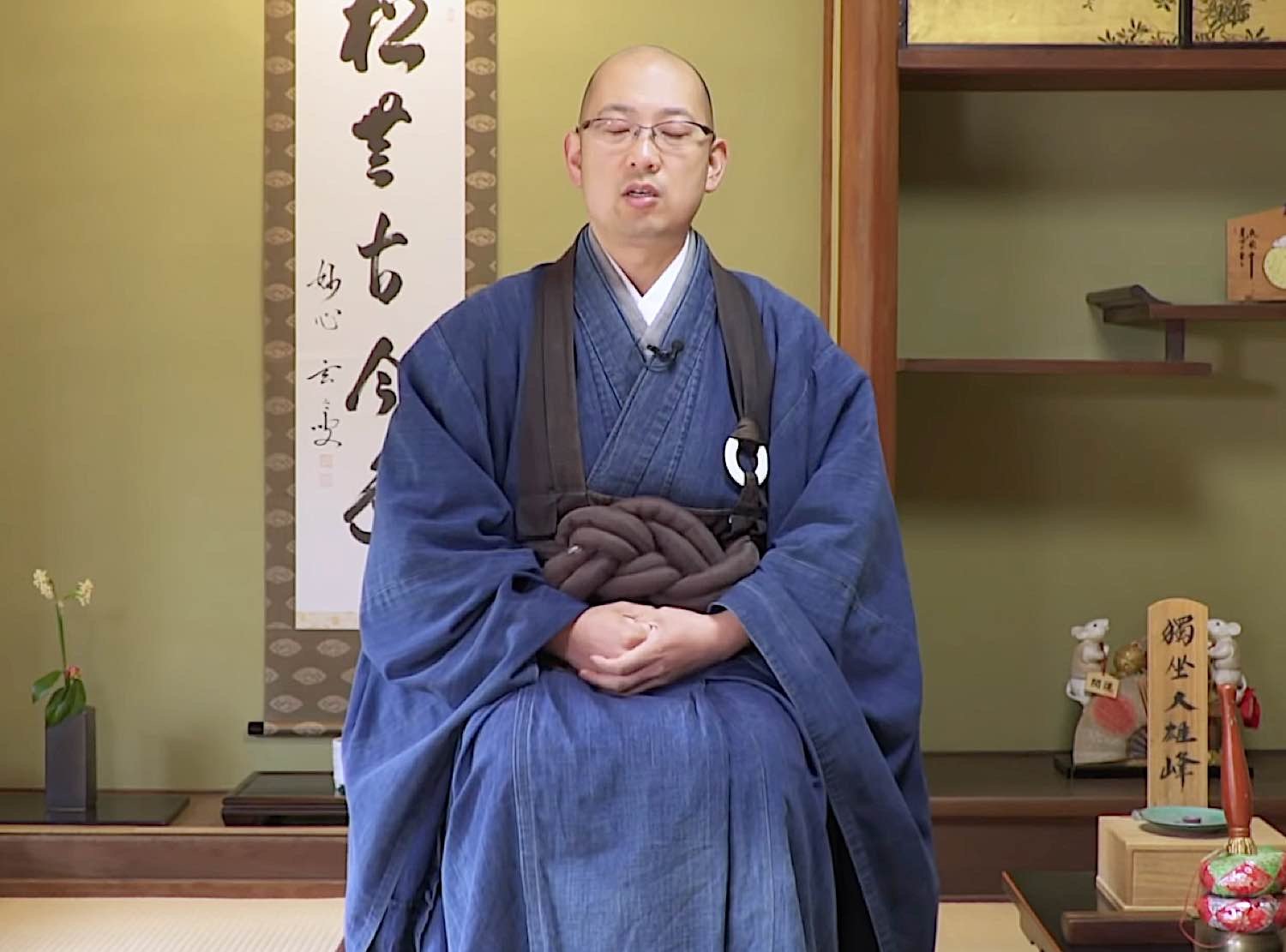 Buddha Weekly Seated Zazen demonstrated by Deputy head priest Taizo in within Myoshin ji Daiko Matsuyama Buddhism