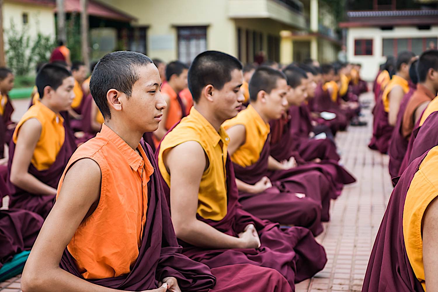 Buddha Weekly Seated meditation is part of every tradition Buddhism here in Kushalnagar India Tibetan monks meditate dreamstime l 42435347 Buddhism