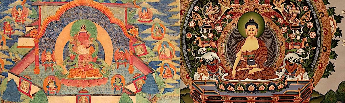 Buddha Weekly Tibetan Thangka on left Nepali Thangka on right Buddhism