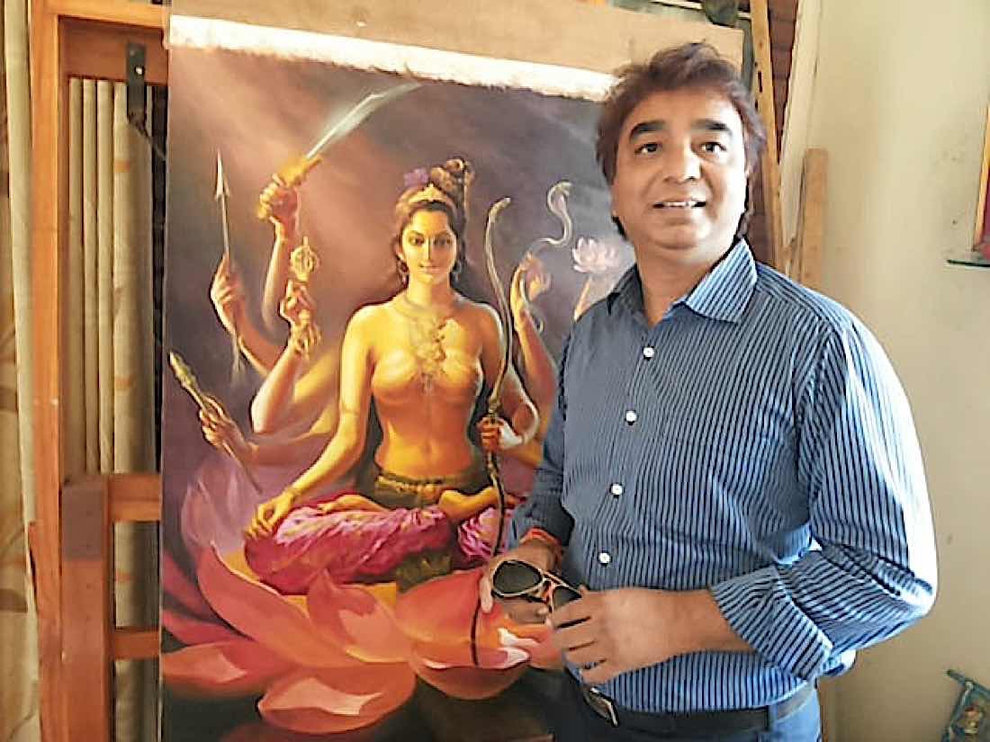 Buddha Weekly V V Sapar posing with his painting of 3 Arya kanaka varna tara Tara 3 of the 21 Taras according to Surya Gupta Buddhism