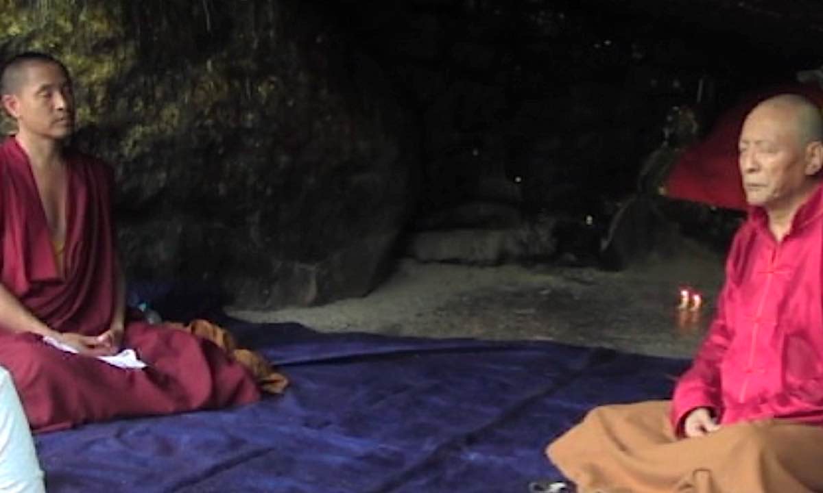 Buddha Weekly Zasep Rinpoche leading practice on Heart Sutra near Vulture Peak in sacred cave India meditation Buddhism