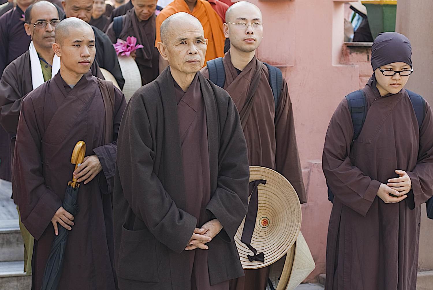 Zen Master Thich Nhat Hanh leads walking meditaiton at the Mahabodhi Temple in Bodhgaya India.