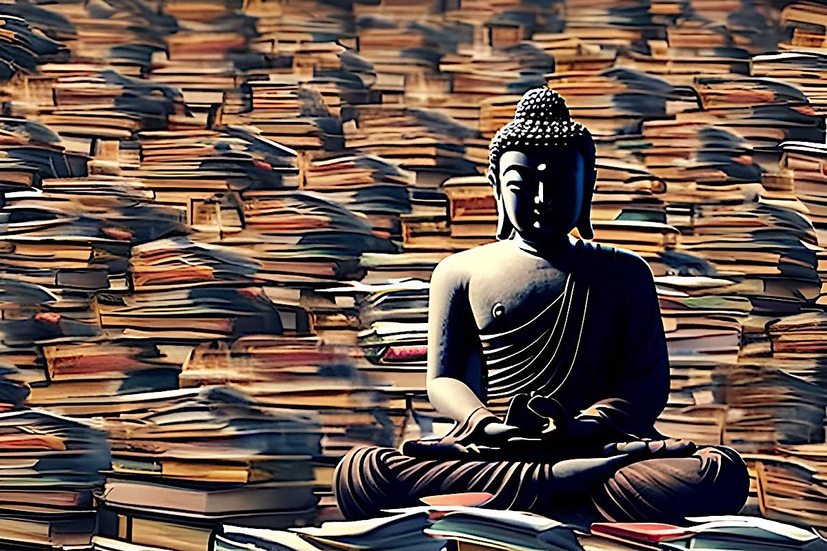 Buddha Weekly buddha meditating among endless rows of books KhgPYEP6 upscaled Buddhism