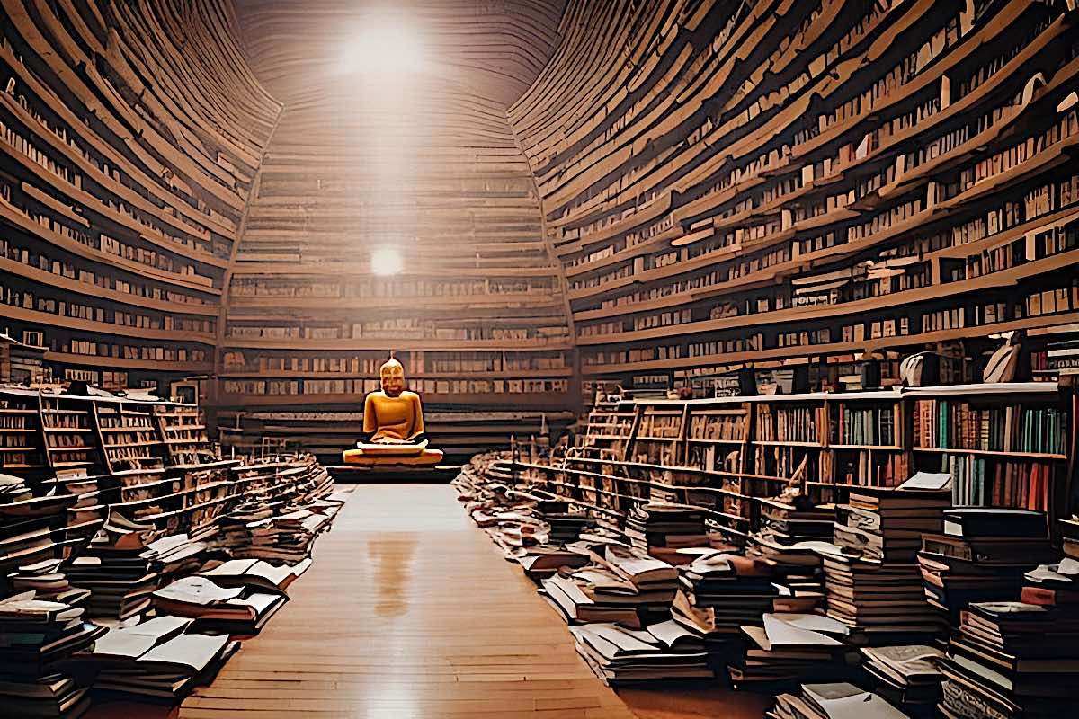 Buddha Weekly buddha meditating among endless rows of books vmTc2Yyp upscaled Buddhism