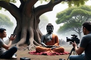 A film crew filming the Buddha meditating under the Bodhi Tree.