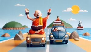 Cute image of monk chanting down the Enlightenment Highway