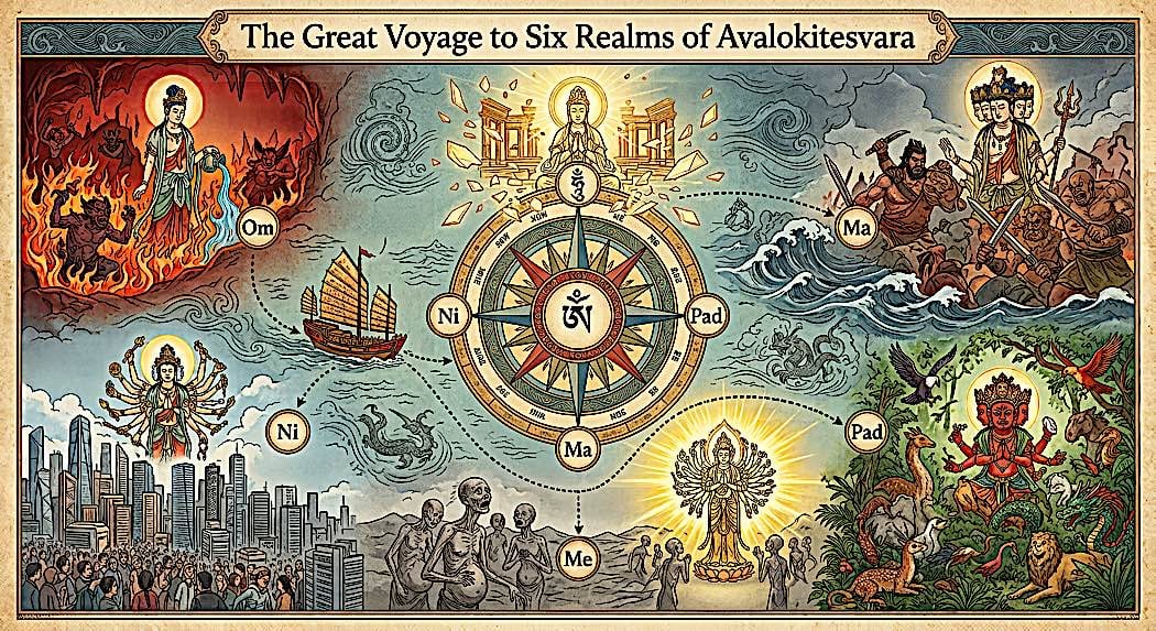6 Avalokitesvara Heroes Overcoming 6 Poisons with 6 Syllables: Om Ma Ni Pad Me Hum: Enlightened Odyssey 1 The Great Voyage to Enlightenment with our navigator Buddha, our captain Avalokiteshvara (in 6 Forms!) and our coordinates Om Ma Ni Pad Me Hum. See the video to enjoy an animated Odyssey with Hero Avalokitesvara as we journey to save the six realms.
