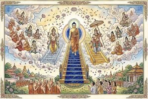 Buddha Weekly graphic illustrating the Buddha's Descent from Heaven.
