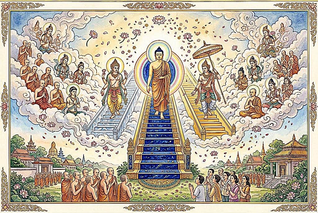 Buddha Weekly graphic illustrating the Buddha's Descent from Heaven.