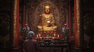 Kṣitigarbha praying upscaled 41Buddha Weekly
